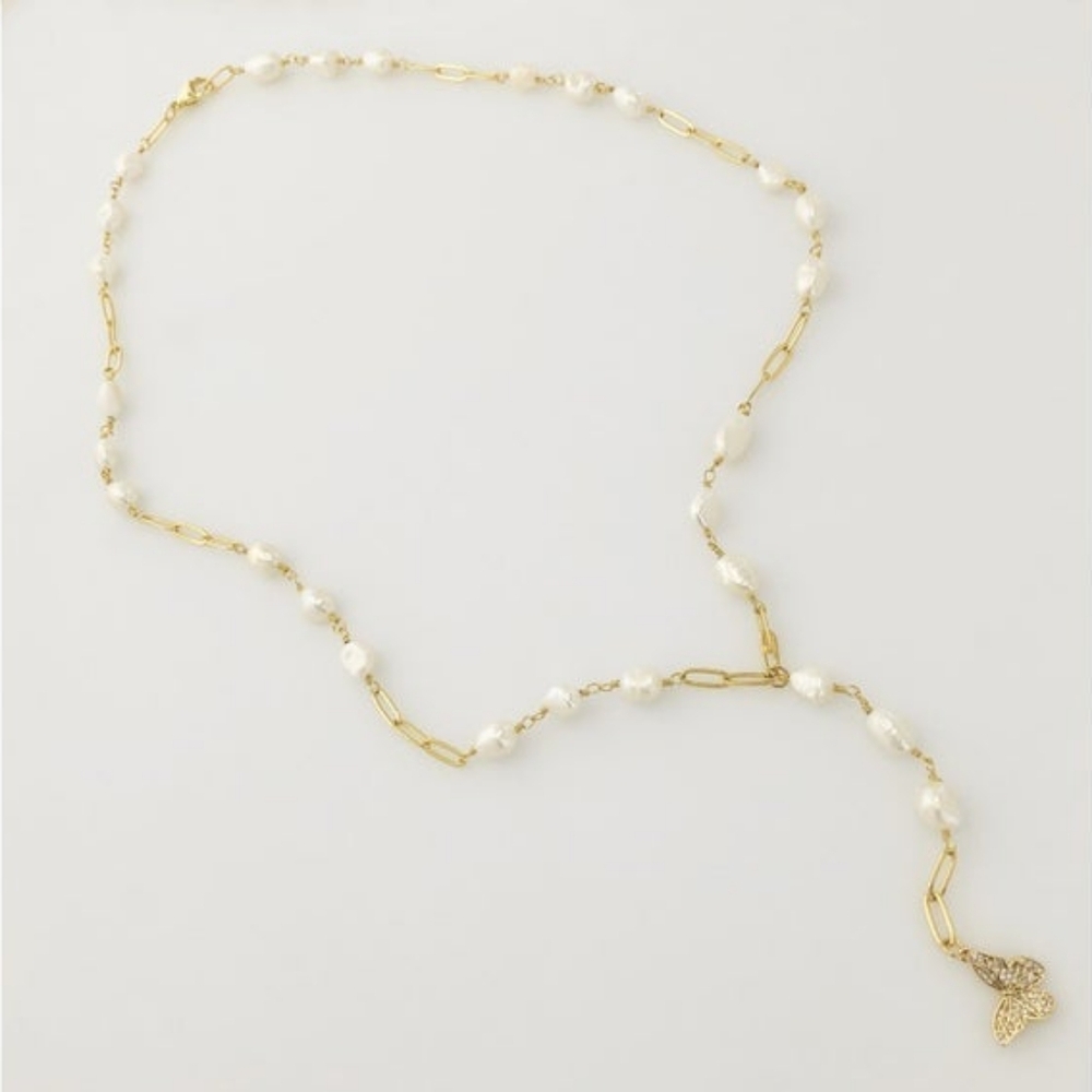 Butterfly Pearl Lariat Necklace